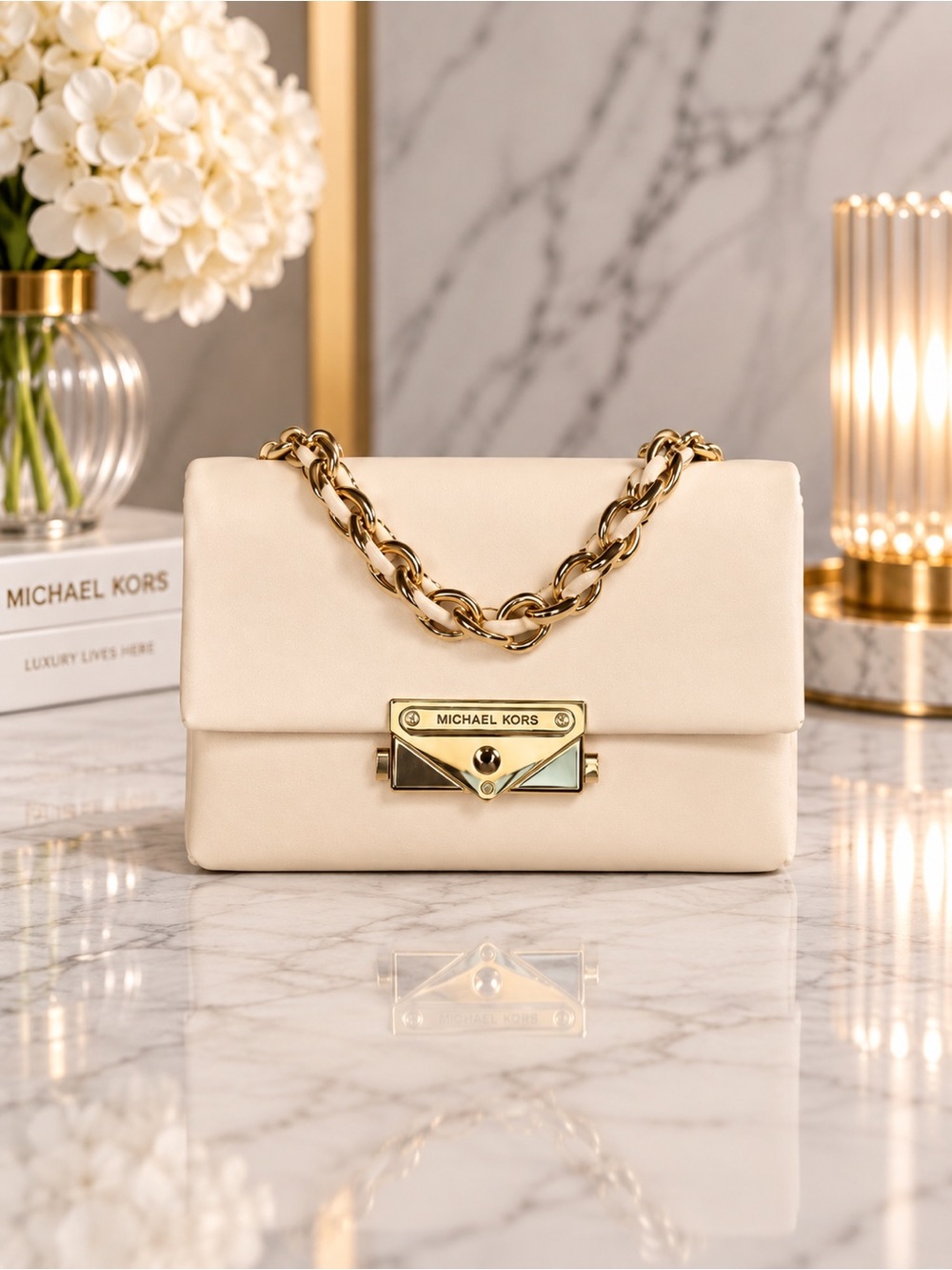 Michael Kors Cece Small Shoulder Bag | Cream Leather Chain Mini Crossbody